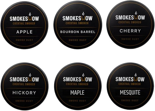 Wood Chips for Cocktail Smoker 4 oz tins. Apple, Hickory, Cherry, Bourbon Soaked Oak, Maple & Mesquite (6-Pack - All Wood Chips)