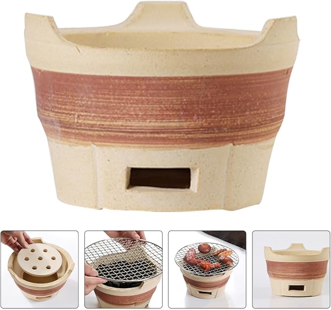 minkissy Outdoor Charcoal Barbecue Stove Clay Grill Large Brown Ceramic Camping Coal Stove for Backyard and Picnic Cooking