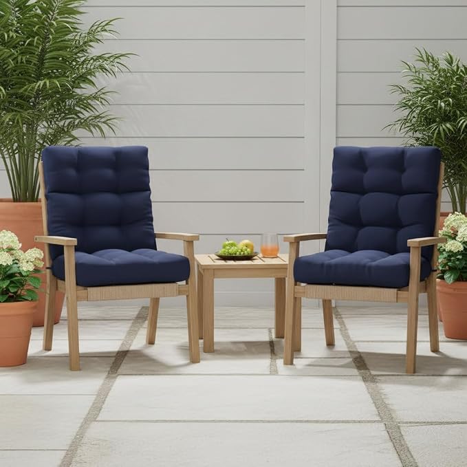 Outdoor Tufted High-Back Chair Cushions, One-Piece Hinged Seat and Back Design, Reversible with 4 Ties, Durable Polyester Fabric, Recycled Fiber Fill - Set of 2, Navy