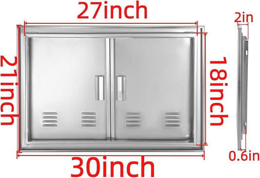 Outdoor Kitchen Door 30" W x 21" H Stainless Steel BBQ Double Access Door Flush Mount Vertical Wall Doors with Handle and Vents Suitable for Grilling Station Outside Cabinet Outdoor Kitchen