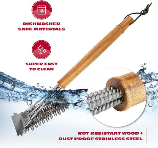 BBQ-AID All Angles BBQ Grill Brush for Outdoor Grill โ Cleans All Angles, Large Wooden Handle, and Stainless Steel Bristles - BBQ Brush for Grill Cleaning โ Grill Cleaner Brush Safe for BBQ and Grill