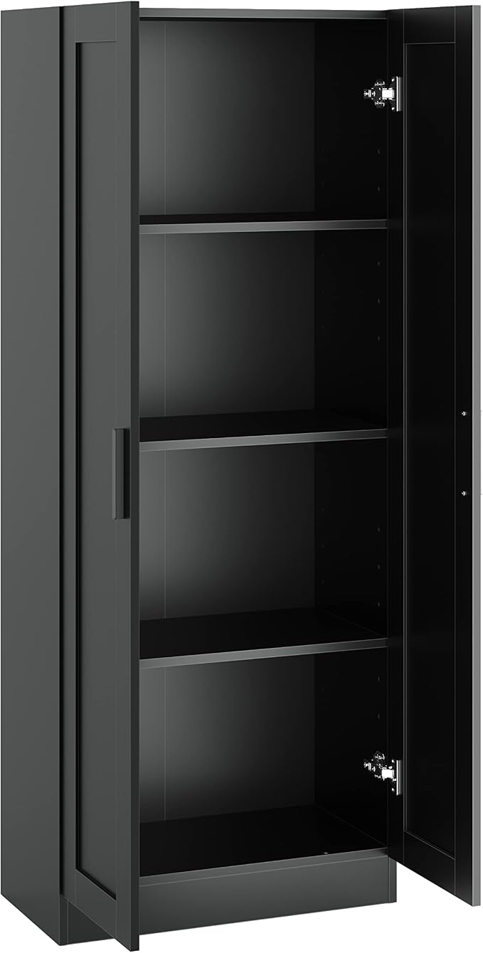 Panana Wooden Storage Cabinet, Narrow Pantry Cabinets Free Standing Tall Storage Cabinet with 2 Doors and Shelves (Black)