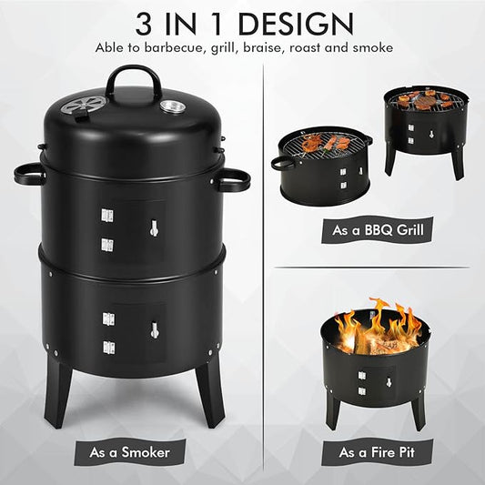 Giantex 3-in-1 Outdoor Smoker Grill, Portable Charcoal BBQ Grill, Built-in Thermometer and Air Vent, 6 Hooks, 2 Layers Vertical Steel Charcoal Smoker for Outdoor Cooking Camping