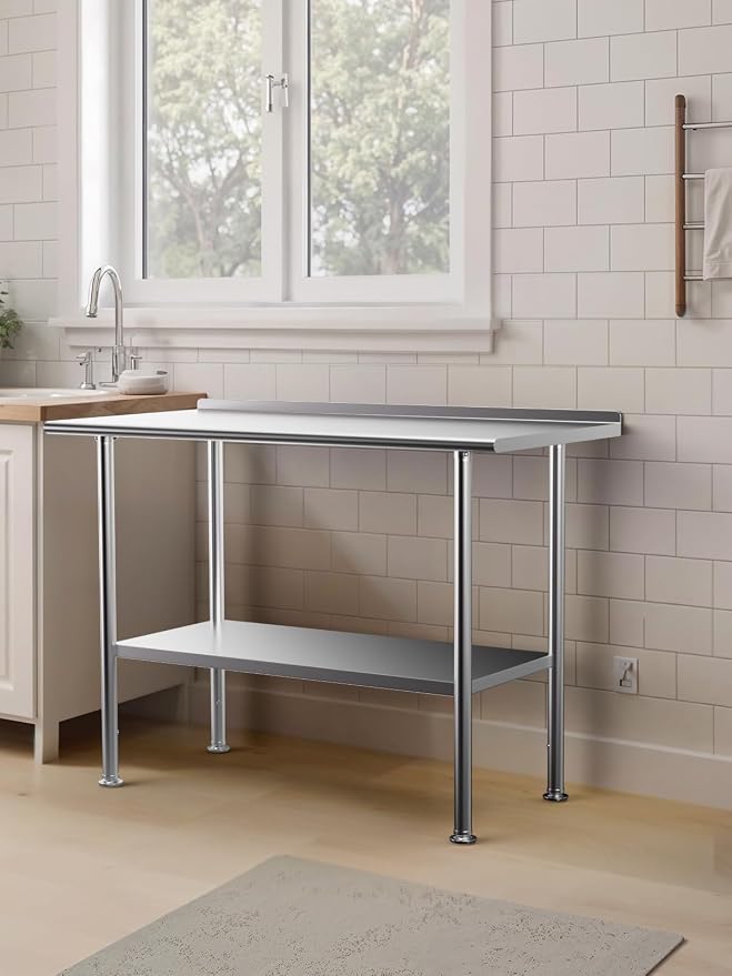 Atelicf NSF Stainless Steel Prep Table 24X48 inch with Backsplash | Commercial-grade table for restaurants, kitchens, food trucks, breweries, bars, garages, and outdoor BBQ