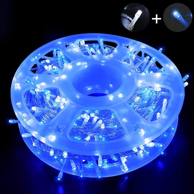 Blue White Christmas Fairy String Lights, 165FT 500L Indoor Outdoor | 8 Modes with Memory, IP65 Waterproof, Clear Wire, Tangle-Free Design for Bedroom Garden Wedding Wall Tree Party