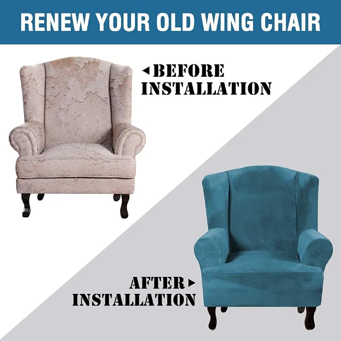 H.VERSAILTEX Wingback Chair Covers Velvet Plush Wing Chair Slipcover 1 Piece High Stretch Wing Back Chair Slipcovers Sofa Cover Furniture Cover with Elastic Bottom, Peacock Blue