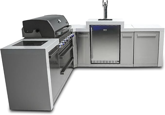 Mont Alpi 94"W x 98"D Deluxe Stainless Steel L-shaped Modular Outdoor Kitchen Island with 3-tap Kegerator Beer Dispenser Refrigerator + 44"W 6-Burner BBQ Grill + Granite Countertops + Storage Cabinets