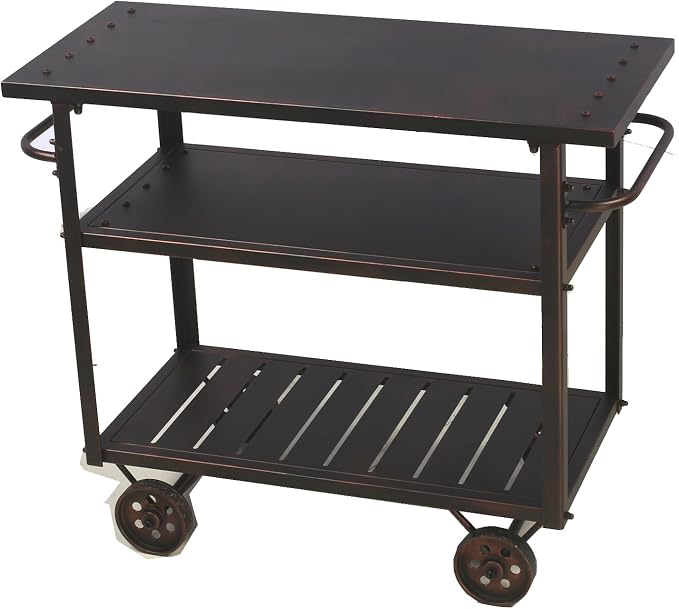 Topower Industrial Bar Cart, Serving Cart with Wheels and Handle, 3-Tier Beverage All-Metal Cart with Removable Tray and Storage Shelves for Living Room Kitchen, Rustic Copper