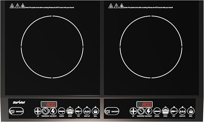Commercial Double Burner Electric Induction Cooktop, 1000W+800W Dual Induction Hot Plate, 8 Power & 8 Temp Setting, Professional Countertop Burner Stove with Timer, LED Screen, Black