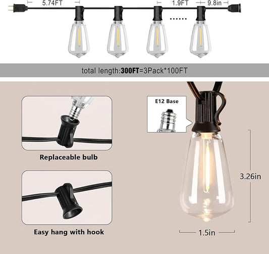 300FT Edison String Lights Outdoor Waterproof with 150+6 Extral LED Shatterproof ST38 Edison Bulbs 2200K for Outside Patio Pergola Backyard Bistro Lights, 3 x 100FT Connectable