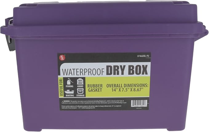 SE Waterproof Dry Box with Detachable Lid – 14" x 7.5" x 8.67" Purple Storage Case with Rubber Gasket Seal, Snap Closures & Handle for Camping, Boating, Fishing Gear & Outdoor Protection - 87466DBL-PU