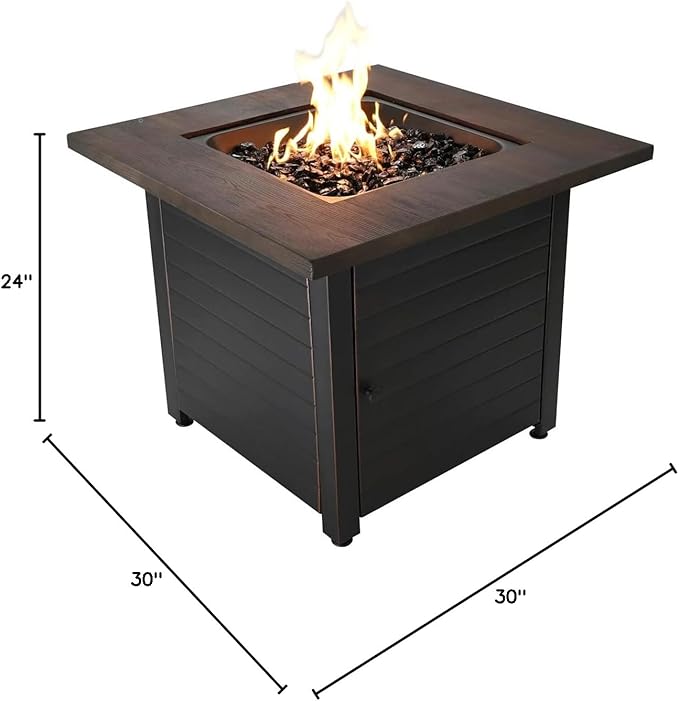 Endless Summer Bronze Finished Black Steel Base with Dark Wood Mantel Spencer LP Gas Outdoor Fire Pit, Comes with Black Fire Glass, Table Insert, and Protective Cover