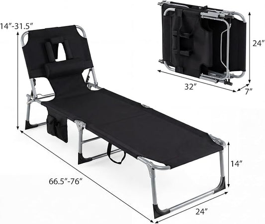 GYMAX Tanning Chair, Folding Lounger with Face/Arm Holes, Carry Handles & Side Pocket, Portable Lightweight Layout Beach Chair for Outdoor/Indoor, Face Down Sun Lounger (1, Black)