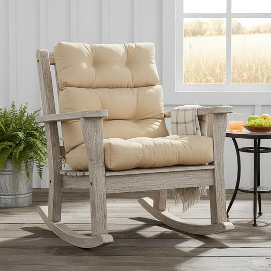 Outdoor Tufted High-Back Chair Cushions, One-Piece Hinged Seat and Back Design, Reversible with 4 Ties, Durable Polyester Fabric, Recycled Fiber Fill - Single, Stone