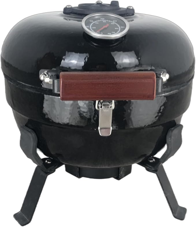12 Inch Portable Ceramic Charcoal Grill with Folding Legs Mini/Small Stainless Steel Kamado for Outdoor Camping Picnic Patio Backyard Meat Barbecue Cooking Food Grade BBQ-Black