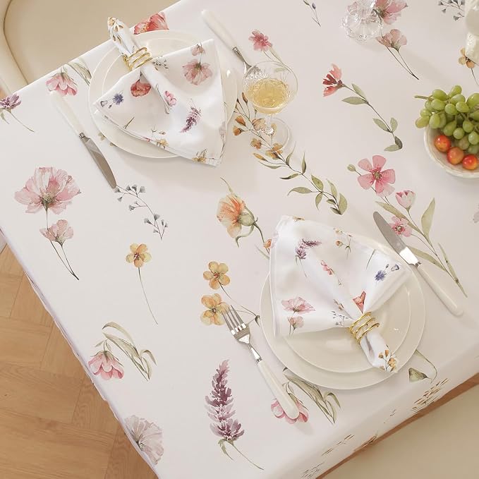 SASTYBALE Spring Summer Floral Tablecloth 60x120 Inch Rectangle | Watercolor Wildflower, Wrinkle-Free, Washable, Stain Resistant Table Cloth for Kitchen, Dining, Farmhouse, Holiday Decor