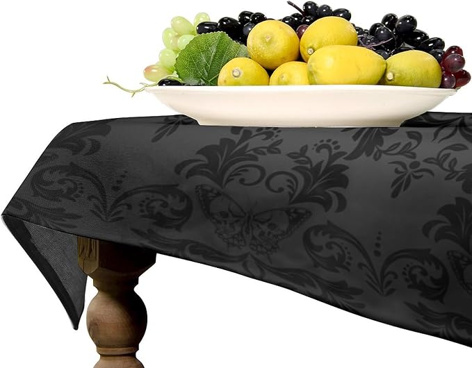 Gothic Black Damask Tablecloth, Vintage Floral Exotic Butterfly Suger Skull Bohemian Antique Table Cloth Water Resistant Table Cover for Farmhouse Party Holiday Kitchen Dinner Table 60x90"