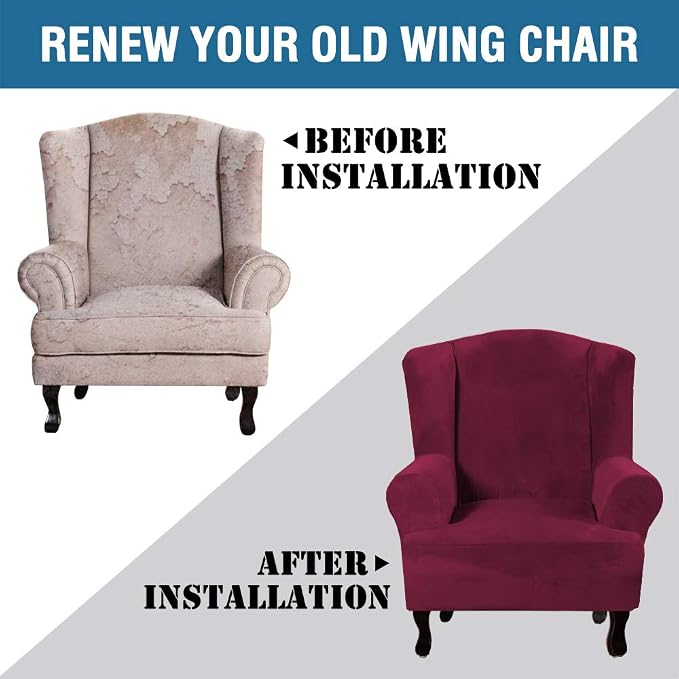 H.VERSAILTEX Wingback Chair Covers Velvet Plush Wing Chair Slipcover 1 Piece High Stretch Wing Back Chair Slipcovers Sofa Cover Furniture Cover with Elastic Bottom, Burgundy