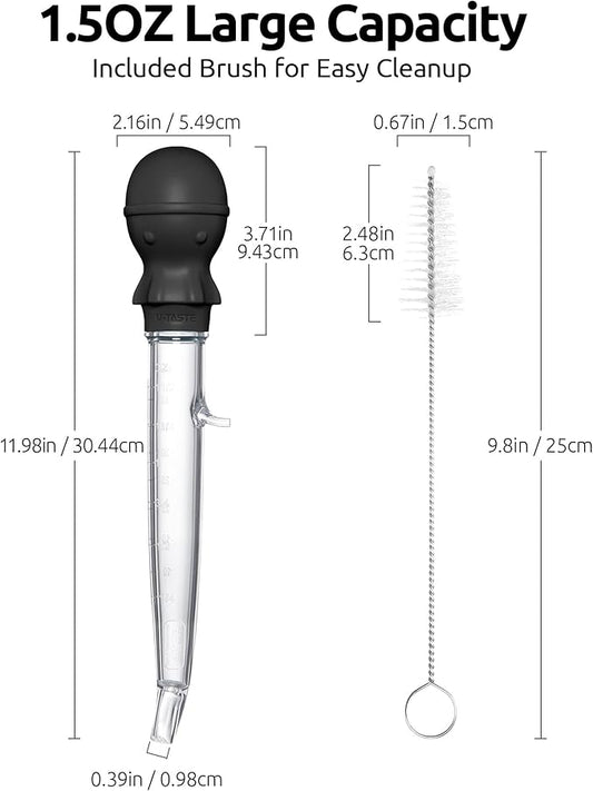 U-Taste 1.5oz Angled Turkey Baster - 228.2ยบF Heat Resistant Food Grade Tritan and Silicone Large Octopus Bulb Baster Set with Cleaning Brush for Cooking Basting Meat Poultry Beef Chicken (Black)
