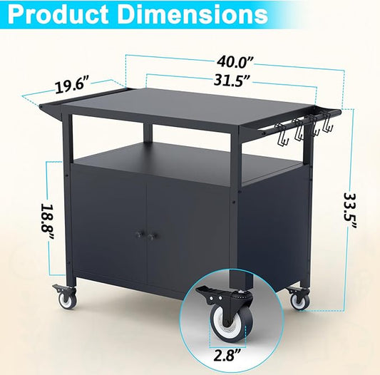 Outdoor Grill Table with Storage, Movable Grill Cart, Outdoor Kitchen Island Prep Stand Station,Blackstone Griddle Stand, BBQ Serving Cart Rolling Bar Cart with 4 Utensil Hooks 1