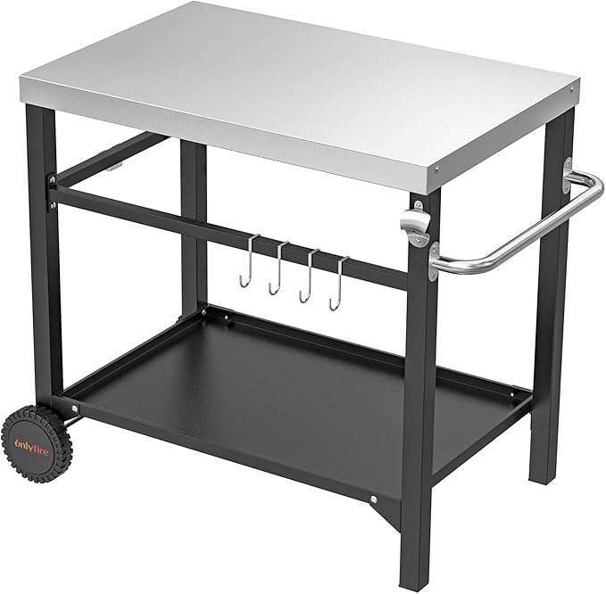 onlyfire Movable Stainless Steel Dining Cart Table, Pizza Oven Table with Propane Tank Holder, Heavy Duty Utility Cart on Wheels for Outdoor Kitchen, BBQ Grill, Patio, 33.6” x 21.7” Workstation