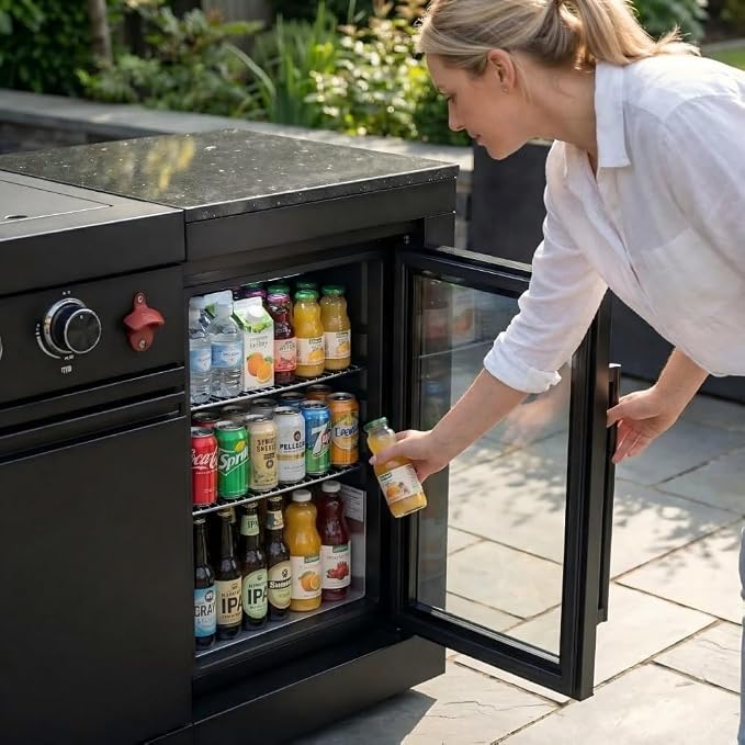 85 Inch Outdoor Kitchen Island, 4-Burner 72000 BTU Propane Gas Outdoor Kitchen Bar Barbecue Island Grill with Side/Rear Burners, With Refrigerator and Sink, Rotisserie, Granite Countertops, Storage