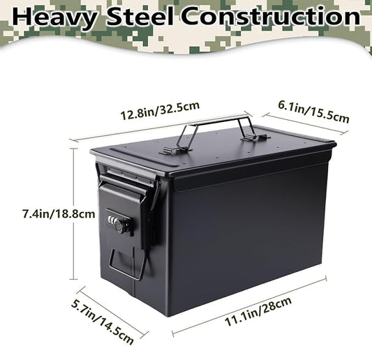 Ammo Can & Ammo Box, Fireproof & Waterproof Metal Storage Box - Perfect for Ammo, Lithium Batteries & RC Car Batteries (Square Lock, Green-12.8 * 7.4 * 6.1")