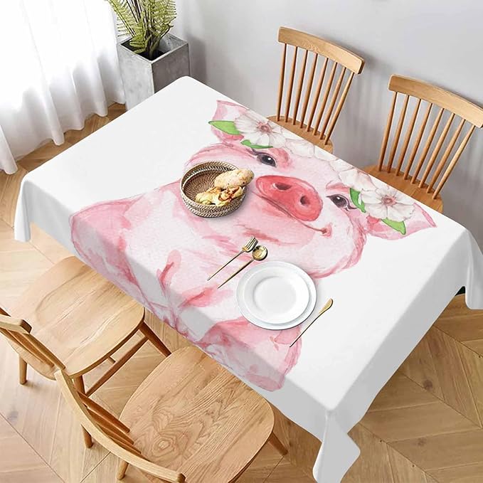 TKS MITLAN Pink Pig Funny Tablecloth 60x84 Inch Rectangular Cute Animal Wearing Wreath Oblong Table Cloth Kitchen Table Decorations for Home Dinner Party