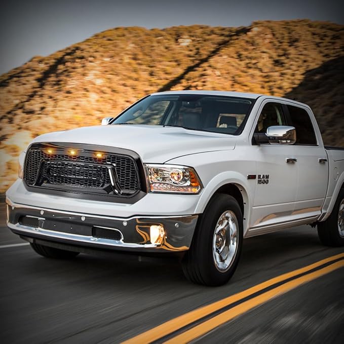 Glossy Black Front Grille Compatible with 2013-2018 Dodge Ram 1500, 2019-2023 Ram 1500 Classic, with Amber Lights (NO "RAM" LETTER)