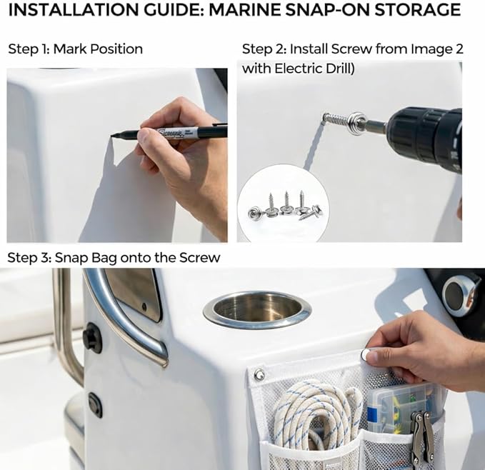 Marine Mesh Double Pocket Boat Gear Storage Bag, Polyester Boat Rope Storage Bag, Screw Snap Mount, (White, Large)
