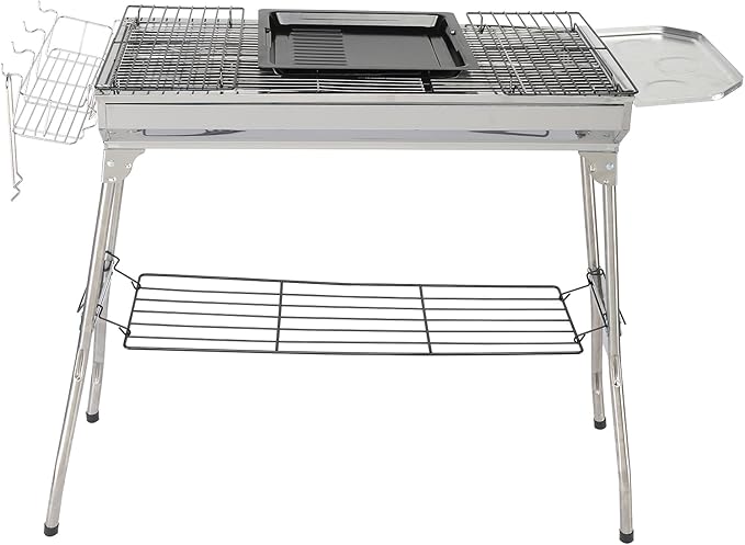 Portable BBQ Charcoal Standing Grill, Stainless Steel Metal Outdoor Cooking Grill for Steaks in Courtyard, Backyard Patio, Camping, Tailgating, and Picnics with Steel Grill, Mesh and Tray Silver