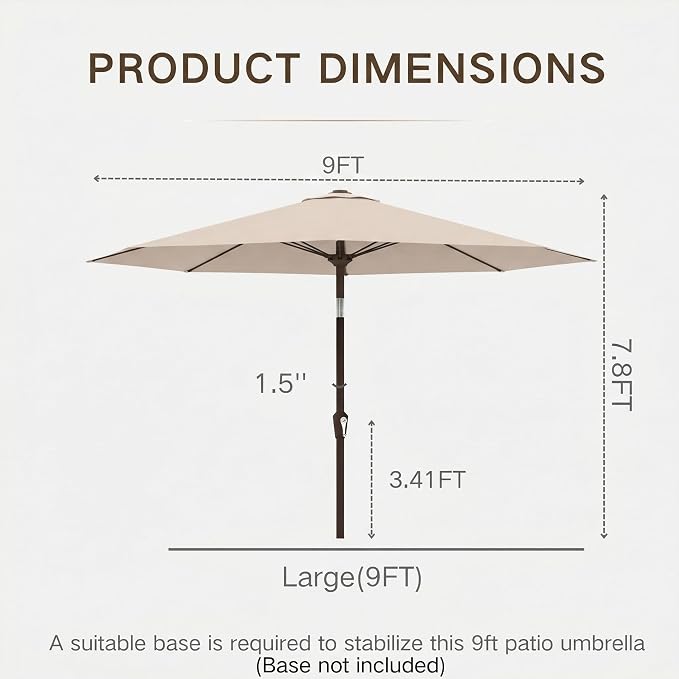 Kingdura 9FT Outdoor Patio Umbrella, Round Market Table Umbrella with Push‑Button Tilt and Crank Lift, 8 Sturdy Metal Ribs, UV50+ Protection Canopy for Backyard, Lawn, Deck, Poolside, Garden (Beige)
