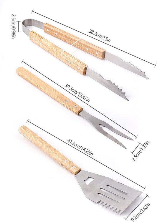 Artisanal Wood-Handled BBQ Set - Robust Stainless Steel Spatula, Fork & Tongs | Stylish Family Gathering Outdoor Camping Grill Tools
