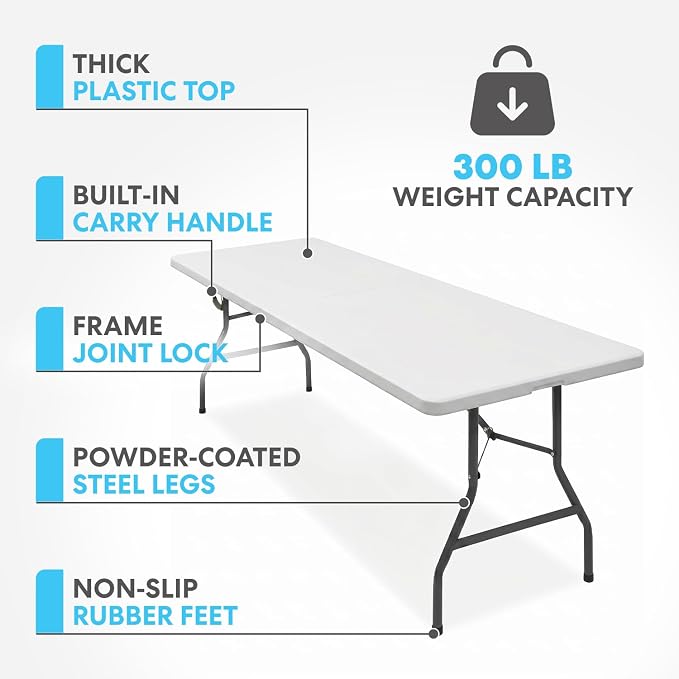 SIMPLI-MAGIC 8ft Portable Plastic Folding Table – Indoor & Outdoor Heavy-Duty Foldable Utility Table w/Handle for Party & Camping (White)