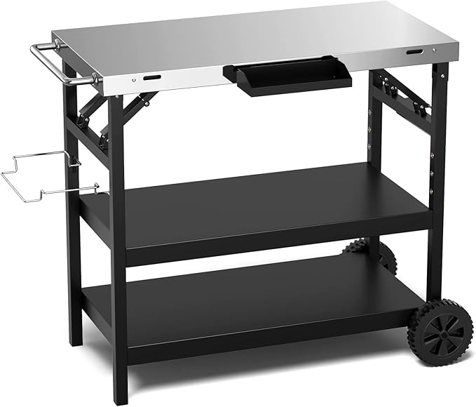 Giantex Outdoor Grill Cart with Wheels, Food Prep Table with 3 Storage Shelves, Detachable Spice Rack, Garbage Bag Holder, 4 Hooks, Movable Dining Cart Worktable Trolley for Outside Kitchen BBQ