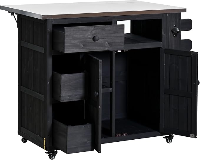 Outdoor Kitchen Island with Stainless Steel Top, Extendable Solid Wood Grill Cart on Wheels, Mobile BBQ Prep Table with Storage Cabinet and Spice Rack for Patio Backyard,