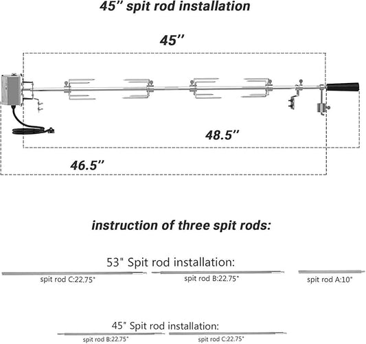 onlyfire Universal Grill Replacement Rotisserie Kit - 45'' & 53'' X 1/2'' Hexagon Spit Rod, Stainless Steel Electric Motor