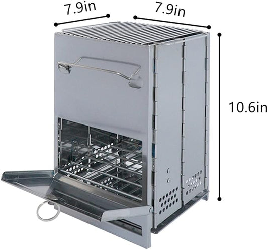 Stainless steel folding grill, portable square BBQ grill, integrated outdoor mini charcoal stove, wood stove, for backpacking and outdoor cooking (4 sizes) (7.9x7.9x10.6)