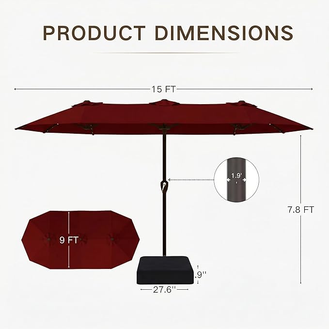 Kingdura 15ft Large Patio Umbrella with Solar Lights, Double-Sided Rectangle Outdoor Table Umbrella with Base Included, 12 Reinforced Ribs, 48 Led Lights, Crank Lift for Market Pool Deck, Dark red