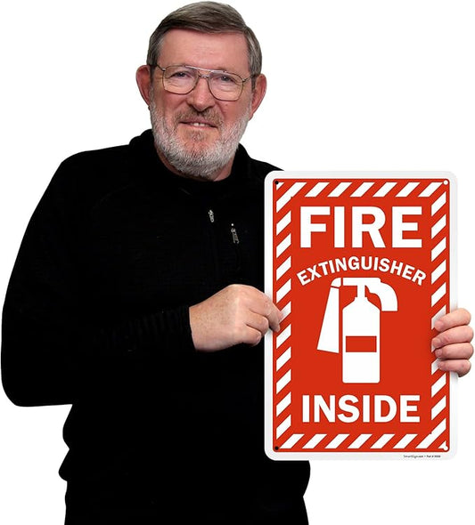 SmartSign 18 x 12 inch โFire Extinguisher Insideโ Metal Sign with Pre-cleared Holes, 63 mil Laminated Rustproof Aluminum, Red and white, Made in USA