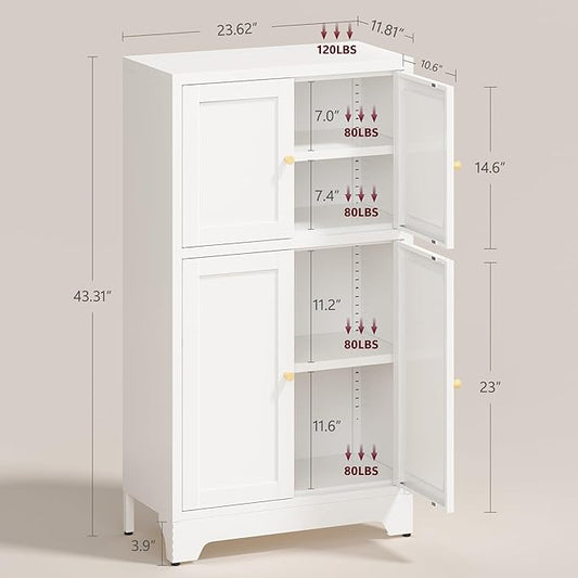 43" H Small Storage Cabinets,Metal White Pantry Cabinets with Doors,Food Pantry Cabinet with 4 Doors and Shelves for Kitchen Dining Room