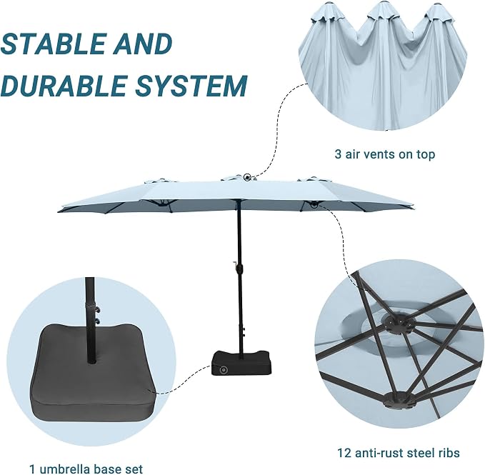 15ft Patio Umbrella with Base, 10-Year-No-Fade Large Outdoor Double-Sided Market Umbrella with UPF50+Terylene Polyester Fabric and Crank for Poolside Garden Deck Backyard Beach Pools