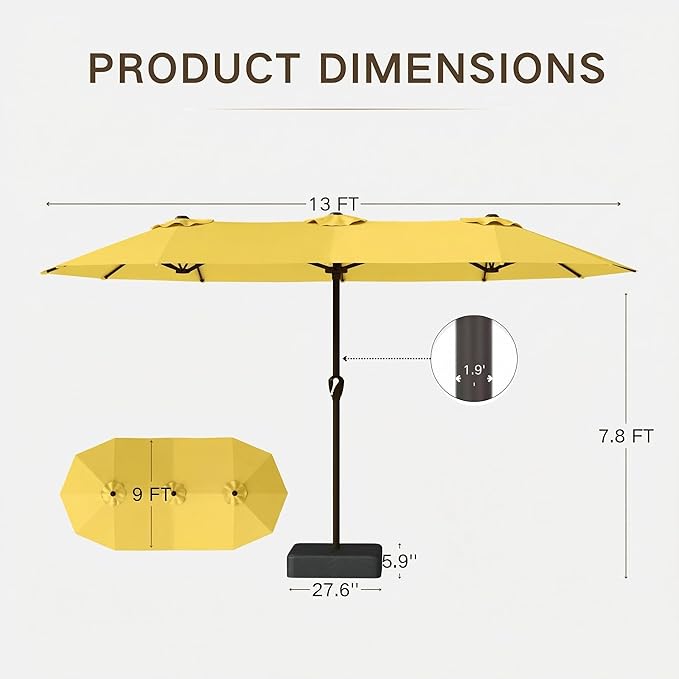 Kingdura 13ft Large Patio Umbrella with Base Included, Double-Sided Rectangle Outdoor Table Umbrella with 12 Reinforced Ribs, Crank Lift for Market Pool Deck Backyard, Yellow