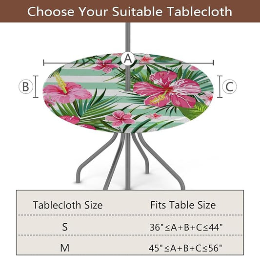 AUUXVA Round Outdoor Tablecloth with Umbrella Hole - Waterproof Patio Table Cover with Zipper Elastic Table Cloth Fits 45"-56" Tables for Party Cafe Garden Decor(Palm Leaf Flowers)