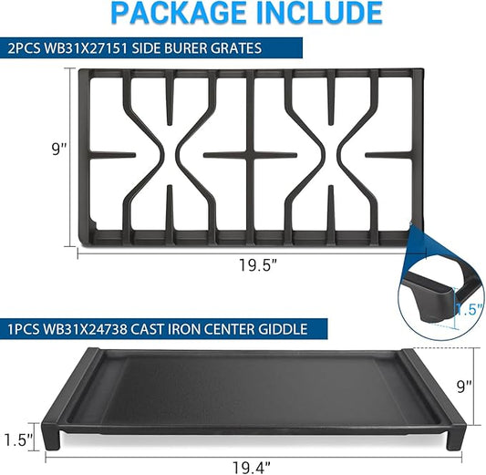 WB31X27151 Side Grate & WB31X24738 Center Griddle Plate Kit Stove Top Griddle Replacement for GE General Electric Stove Cast Griddle Pan for JGBS66REKSS JGB735SPSS JGBS86SPSS