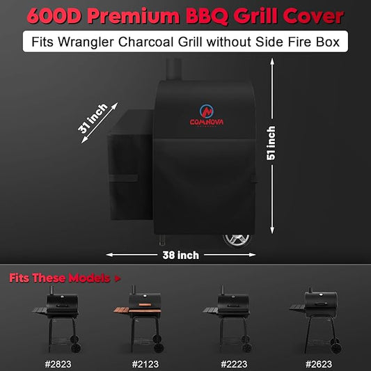 Comnova Grill Cover for Char Griller Wrangler Charcoal Grill - 600D Outdoor Grill Cover for Charcoal Grill, Fits Wrangler Models 2123, 2823, 2223, 2623 Without Side Fire Box - 38" L x 31" W x 51" H