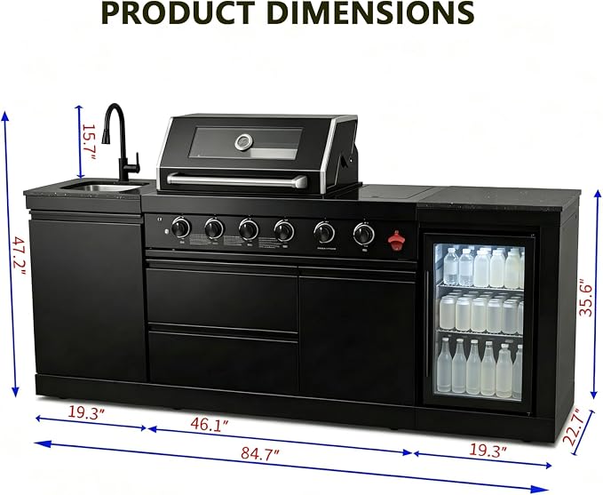 Propane Gas Outdoor Kitchen Island Grill, 4-Burner Stainless Steel Modular Outdoor Kitchen, with Refrigerator and Sink, Mobile BBQ Cooking Station for Backyard Patio