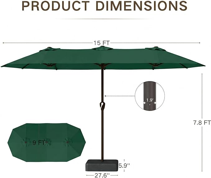 Kingdura 15ft Large Patio Umbrella with Base Included, Double-Sided Rectangle Outdoor Table Umbrella with 12 Reinforced Ribs, Crank Lift for Market Pool Deck Backyard, Dark green