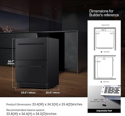 24 inch Double Drawer Drawer Refrigerator Under Counter with Freezer Beverage Refrigerator, Indoor/Outdoor Fridge for Patio, Kitchen & Bar, Weatherproof (Black)