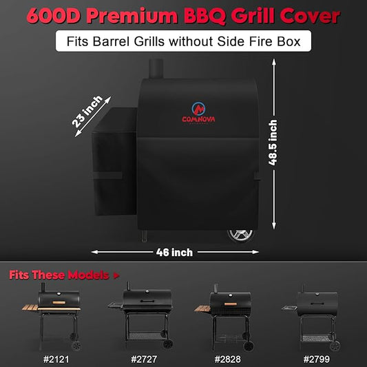 Comnova Grill Cover for Char Griller Barrel Grills without Side Fire Box – 600D Outdoor Charcoal Grill Cover for Char Griller Grills Fits 2121 2828 2727 2929 1329 2799 Models - 46"L x 23"W x 48.5"H